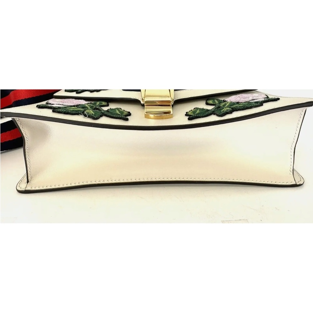 SOLD-Gucci Sylvie Leather Shoulder Bag White Embroidered Web Strap 10"x6.5" - Picture 12 of 15